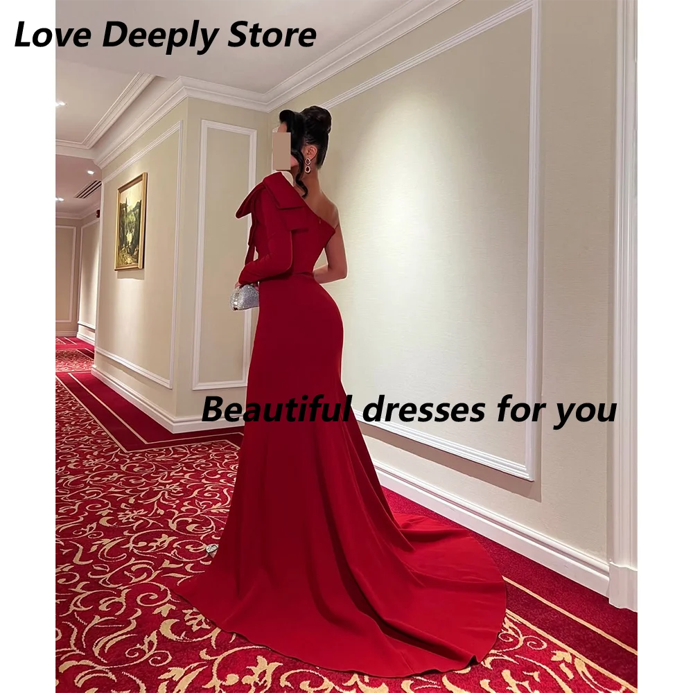 Red Jersey Evening Dress Customized One Shoulder Long Sleeves Mermaid Sweep Train Formal Party Gown Custom Size Prom Dress