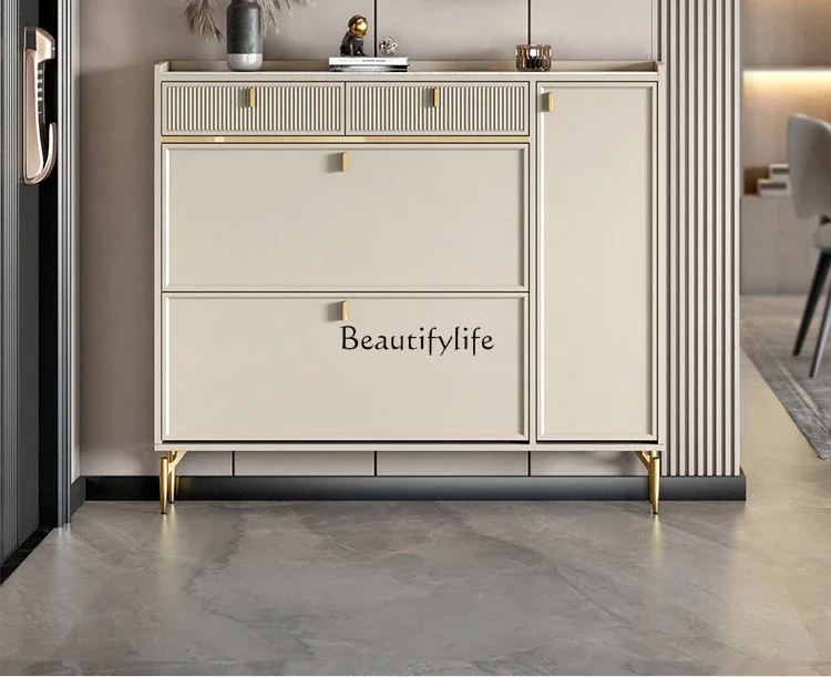 Cream Style Ultra-Thin Tilting Shoe Cabinet Ultra-Narrow Light Luxury Drawer Stone Plate Storage Cabinet