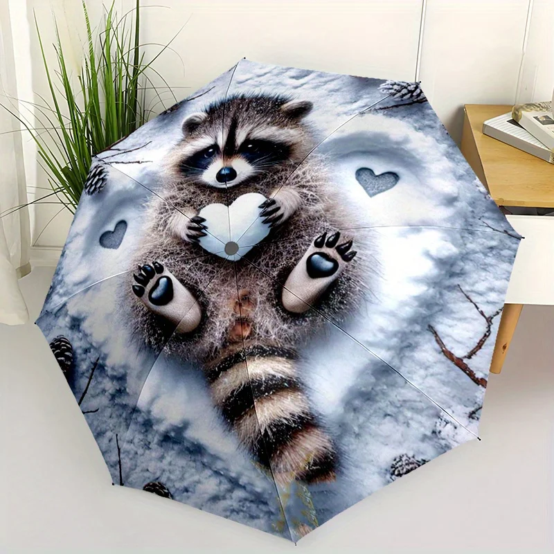 

1 шт. автоматический открывающийся/закрывающийся зонт с дизайном зимнего енота в форме сердца - компактный складной зонт, легкий дорожный зонт для