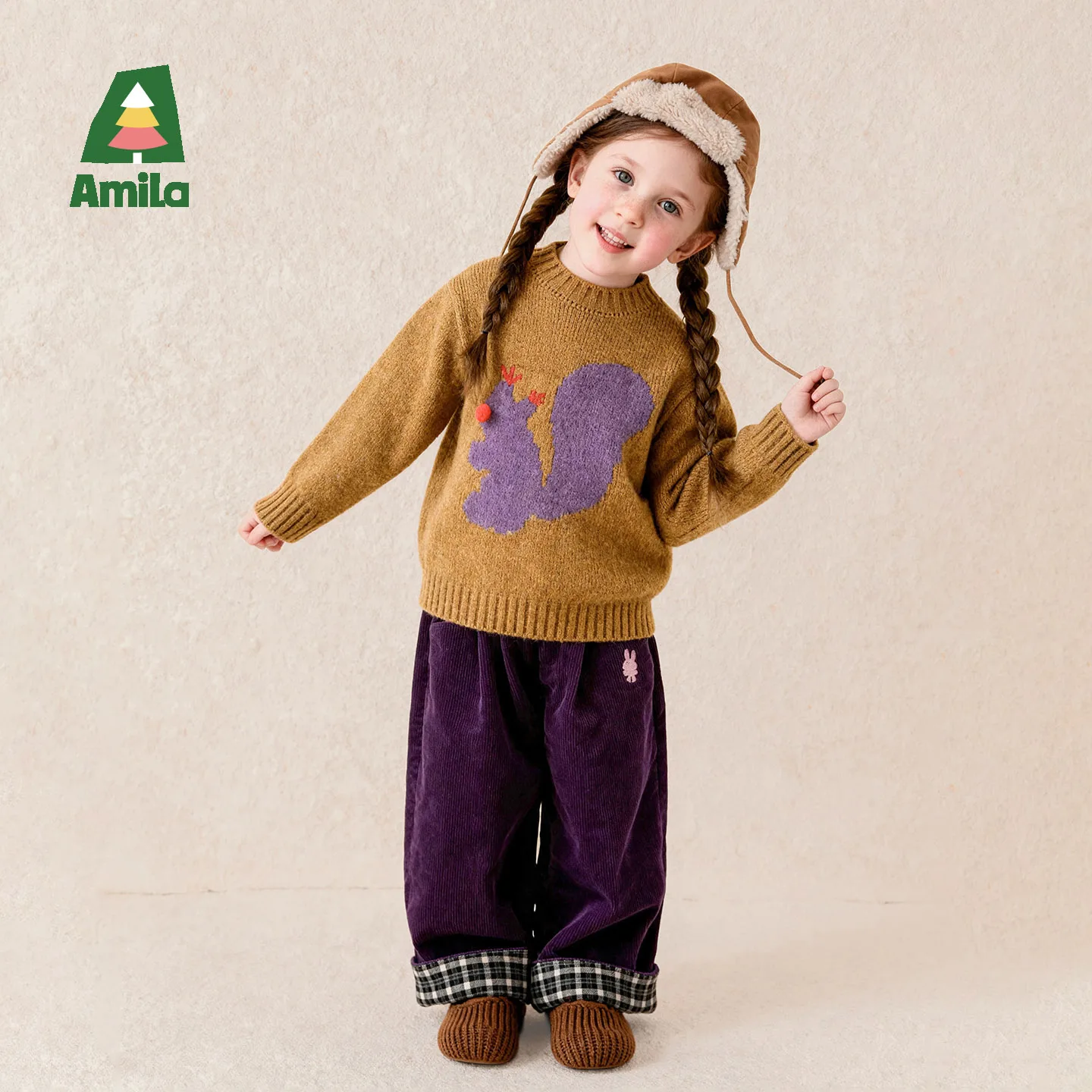 Amila 2026 Winter New Kids Sweater Cartoon Pattern Crew Neck Fleece Lined Warm Thermal Extra Soft Cozy Comfortable Daily Top
