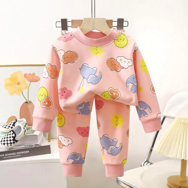 Kawaii Casual Coat Set Fashion 2 Piece Set Childrens Clothing Kids Flannel Pajamas Set Boys Girls Winter Fleece Loungewear Cozy