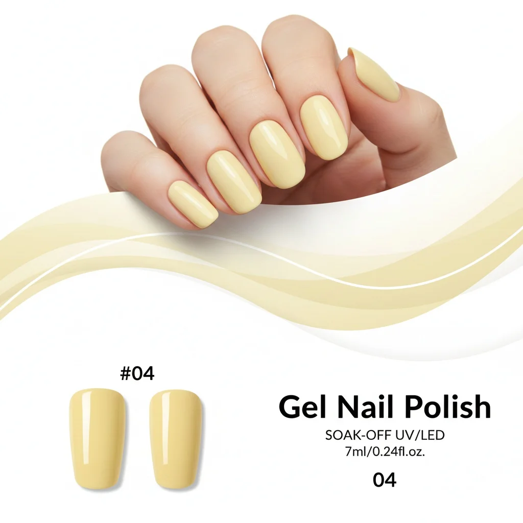 Lemon Yellow nail polish, high-gloss gel, rich in color, long-lasting without fading, alcohol-free, liquid texture.