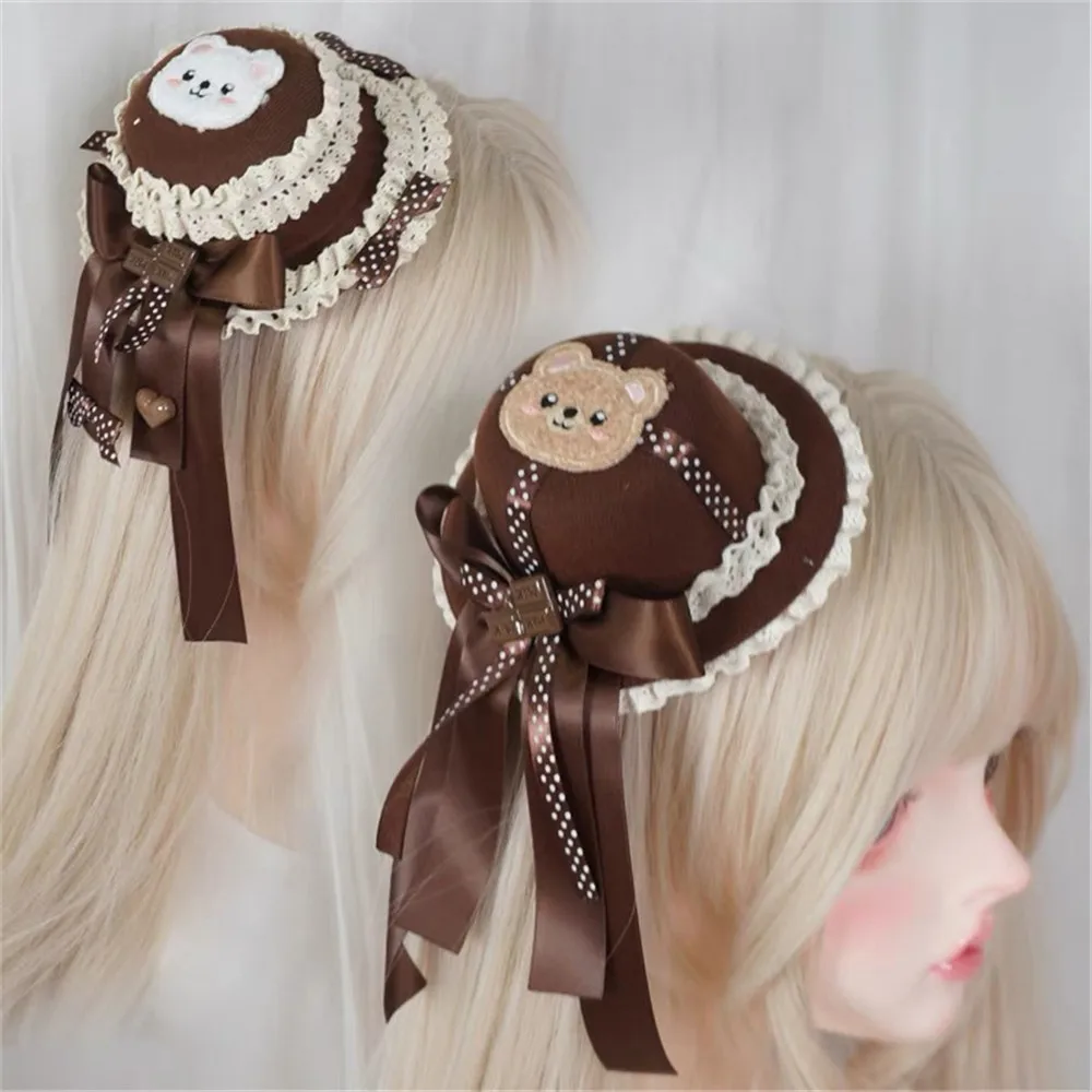 Tiramisu Brown Bear Lolita Sweet Hair Clip Women Hat Clip Bow Hairpin B2670