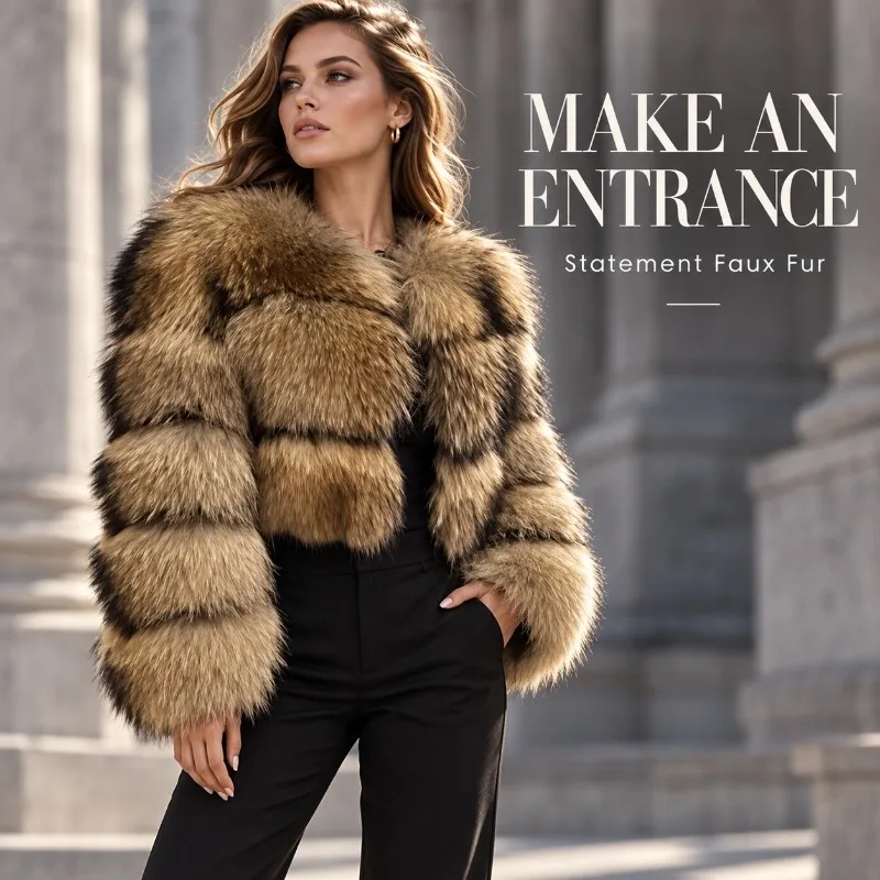 Women's Faux Fur Jacket Fluffy Long Sleeve Tiered Coat Short Winter Outerwear Hooded and Non-Hooded Styles