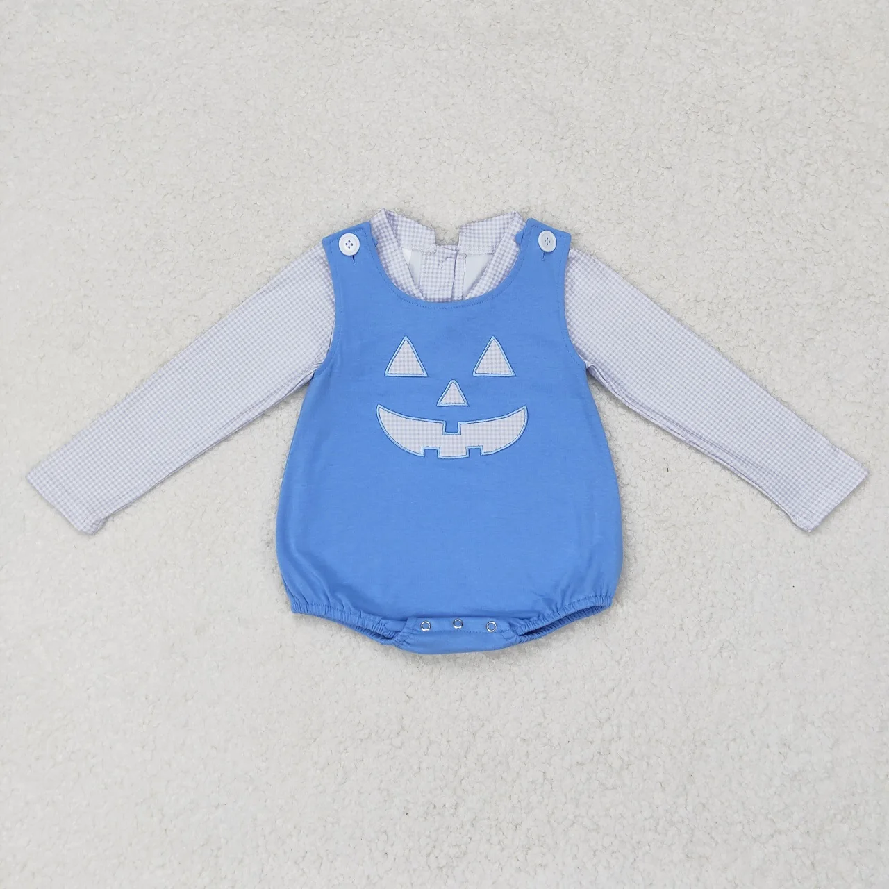 Xadrez bordado abóbora azul macacão para crianças, camisa de mangas compridas, roupa de Halloween infantil, conjunto de roupas de bebê, atacado