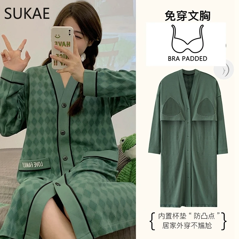 SUKAE M-5XL Plus Size Cotton Nightgowns Autumn Winter Women Long Sleeves Nightgown V-neck Nightdress Bra Padded Sleepshirts