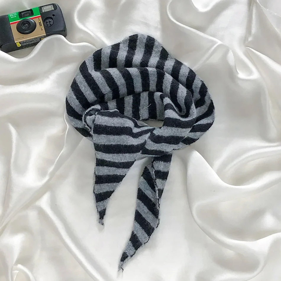 Autumn Winter Black Apricot Striped Wool Knitted Triangle Scarf Small Versatile Warm Korean Triangle Scarf