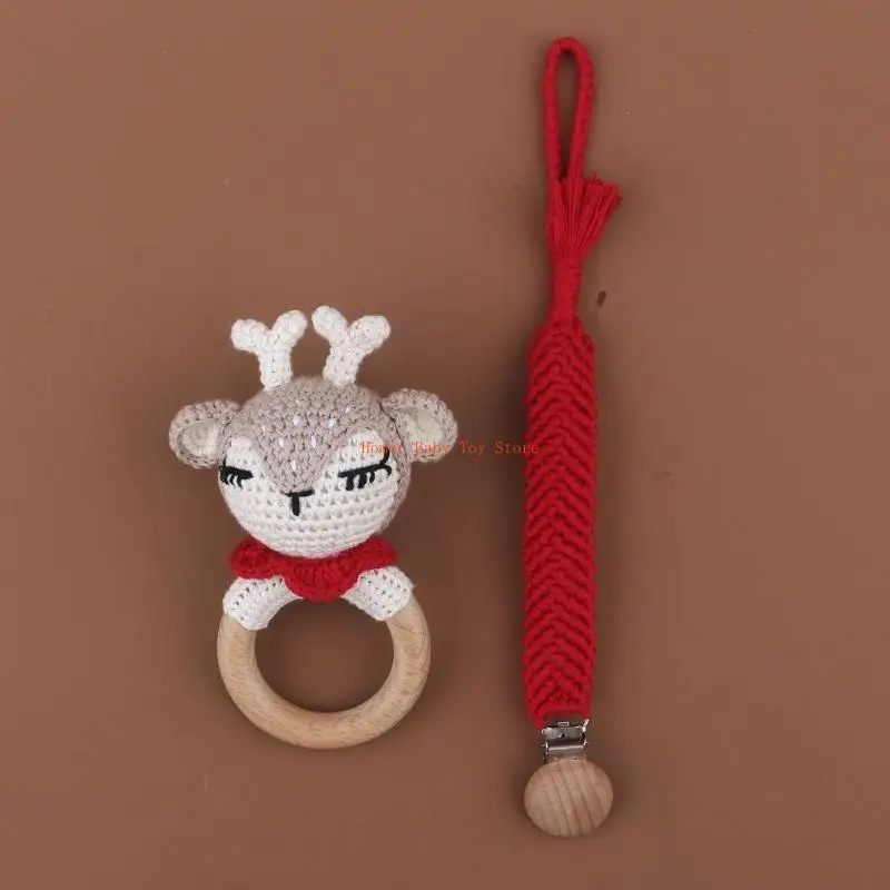 

J0PF Crochet Teething Rings Grasping Toy Pacifier Holder for Toddlers Nursery Room Decor for Baby Cartoon Hanging