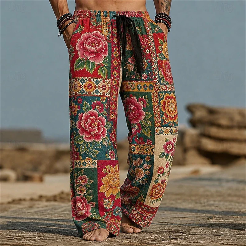 Men's Retro Ethnic-Style Patchwork-Print Straight-Leg Pants Loose-Fit Artistic-Style Casual Pants with Elastic Waistband