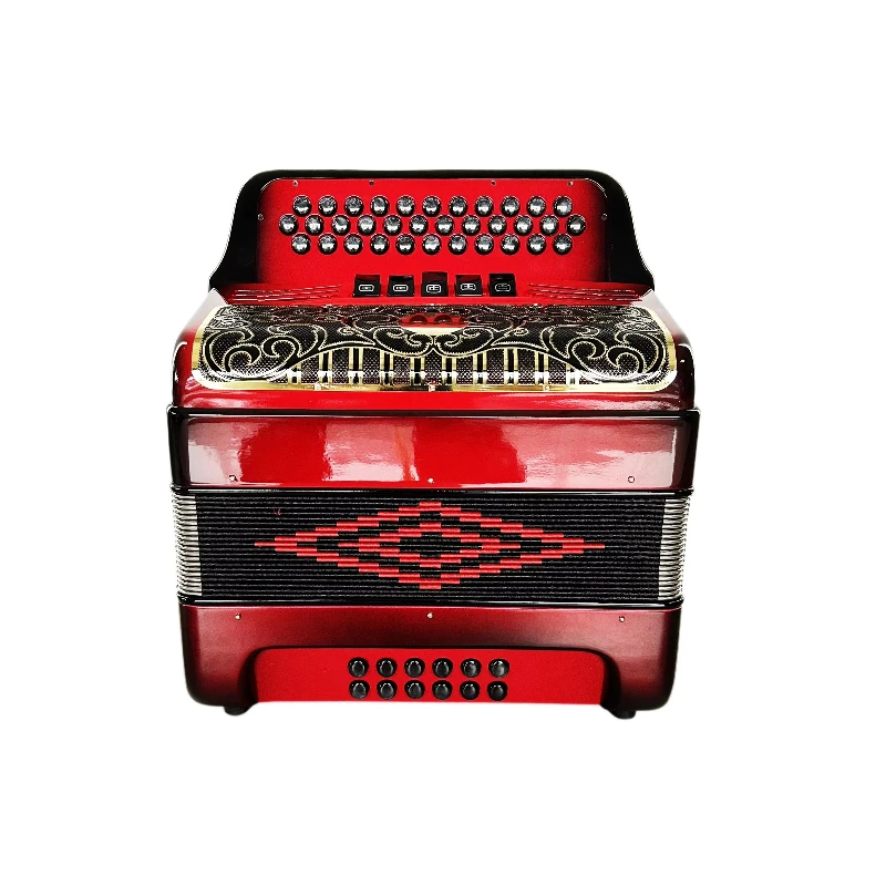 

Accordion instrument 34 buttons 12 bass 5 registers black red buttons