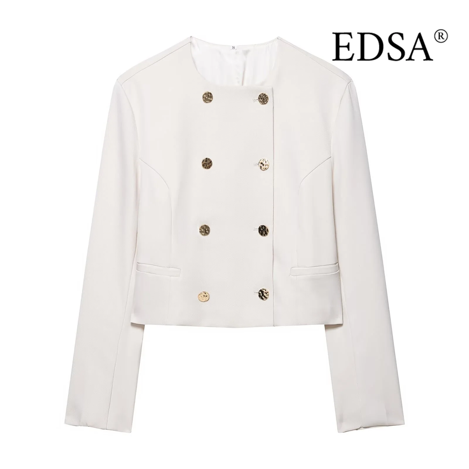 سترة نسائية EDSA مقصوصة مزدوجة الصدر ورقبة دائرية وأكمام طويلة لملابس خارجية معطف قصير للسيدات للمكتب #2