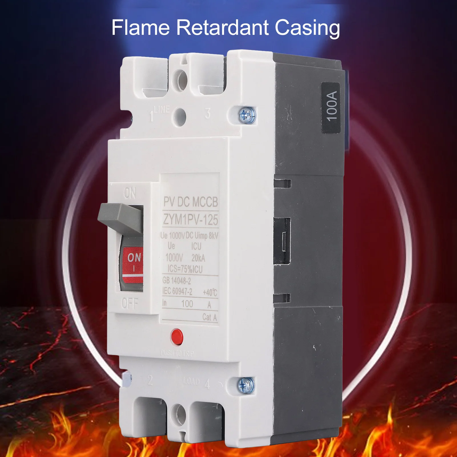 DC Circuit Breaker 2P 100A Flame Retardant Plastic Shell Silver Alloy Contact Short Circuit Protection Switch 1000V