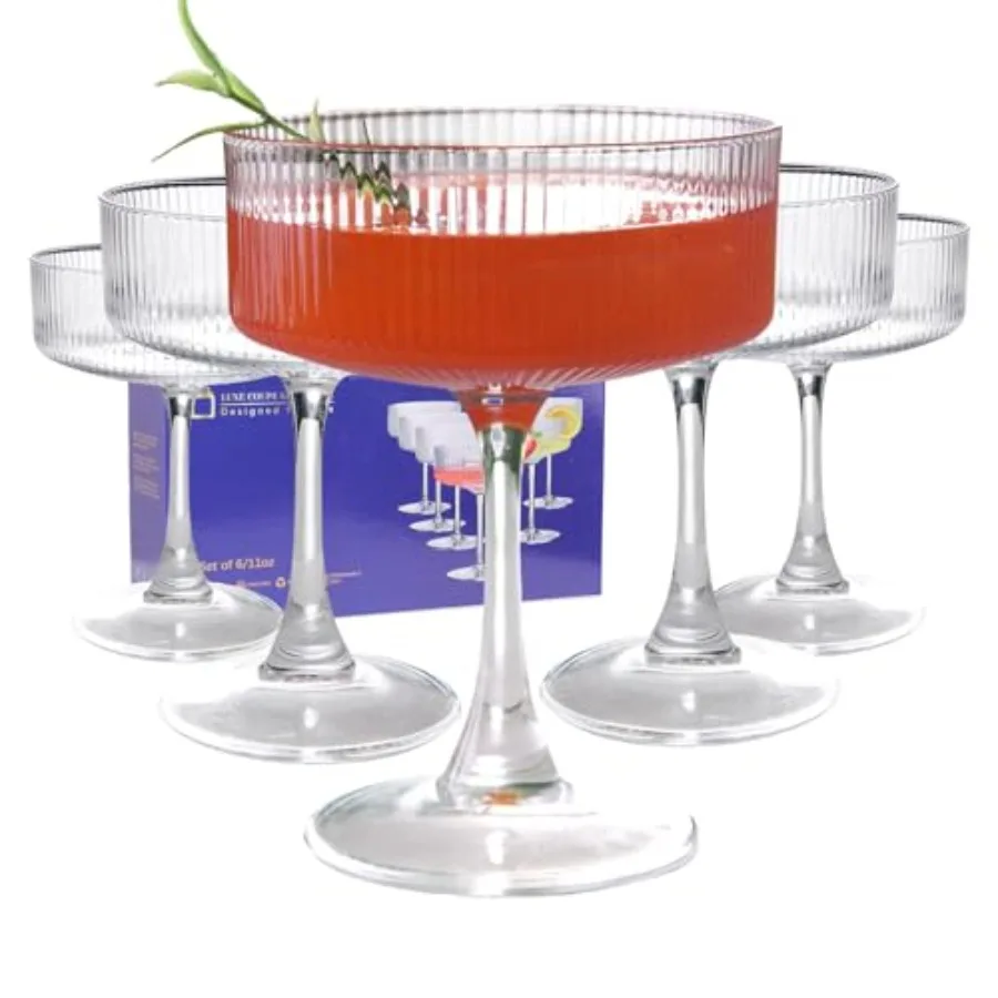 

11oz Large Vintage Coupe Glasses Set of 6, Ribbed Cocktail Glasses, Espro, Margarita and Champagne Glasses for Bar, Wine, Dert,