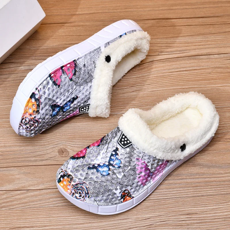 Women's Winter Mule Clog Slippers Plush Fleece Lined Indoor House Shoes Non-Slip Comfort with Butterfly Print