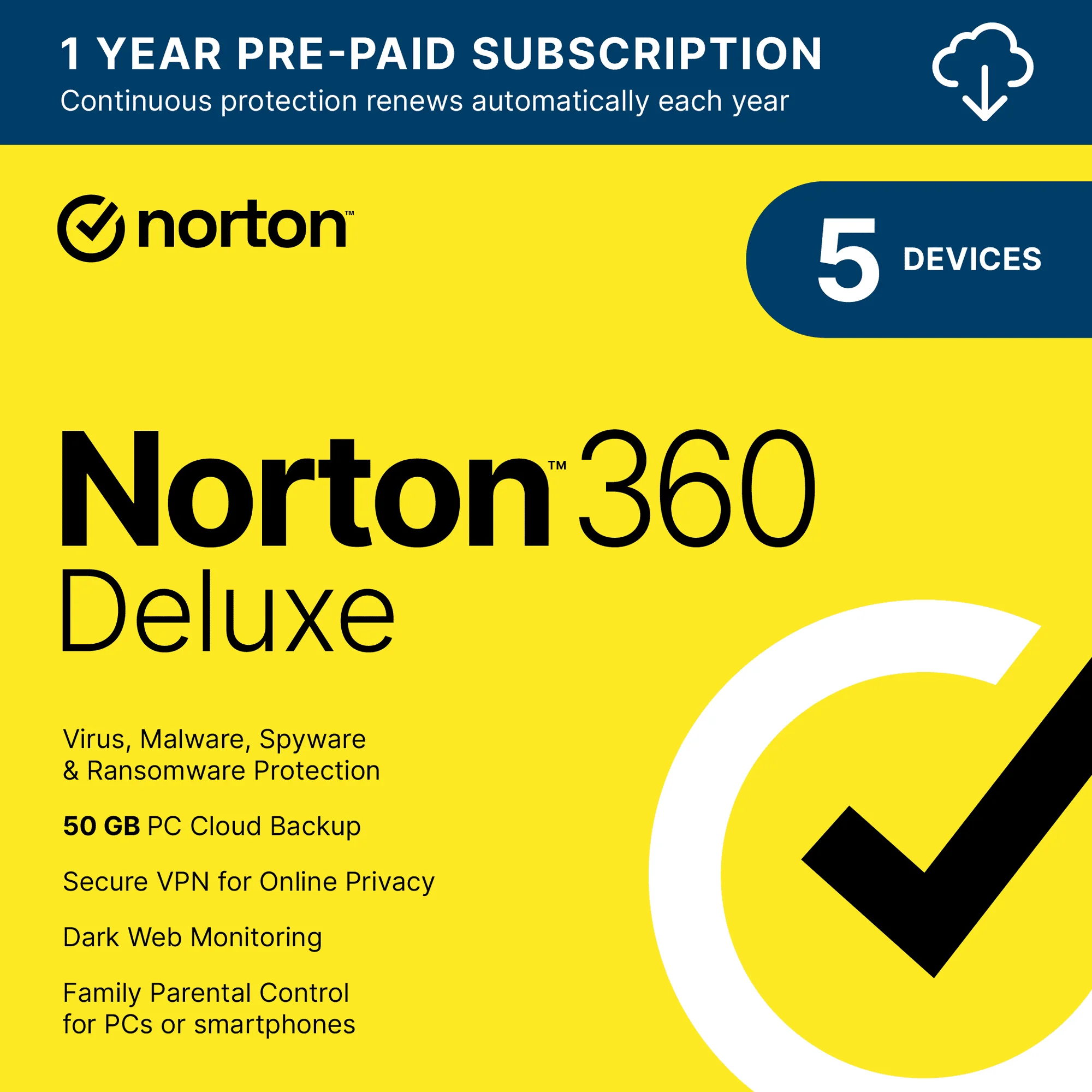 Norton-Logiciel AntivVIL, abonnement d'un an, 360 Deluxe, 5 revie, PC, Mac, iOS, Android, téléchargement numérique