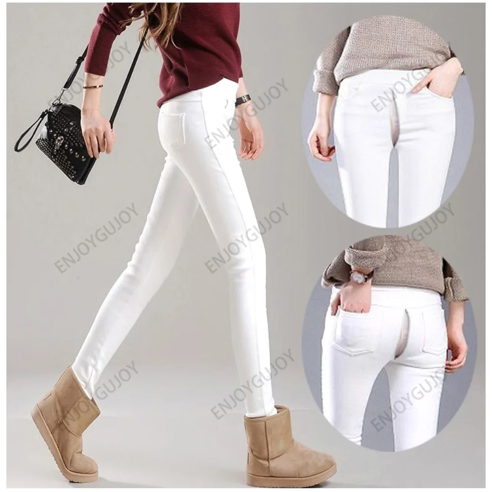 Invisible Crotch Leggings for Women, Thick Boyfriend Jeans, High Waist, Slim Stretch, Warm Tights, Pencil Pants, Outdoor Sex