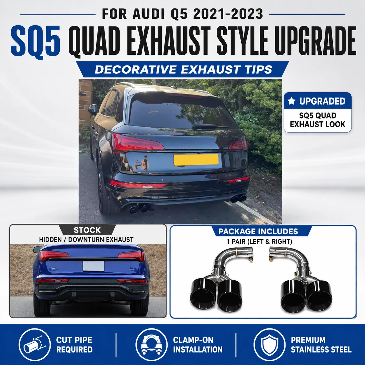 SQ5 Style Quad Exhaust Tips for Audi Q5 2021 2022 2023 Stainless Steel Rear Bumper Muffler Decorative Pipes Silver Black Carbon