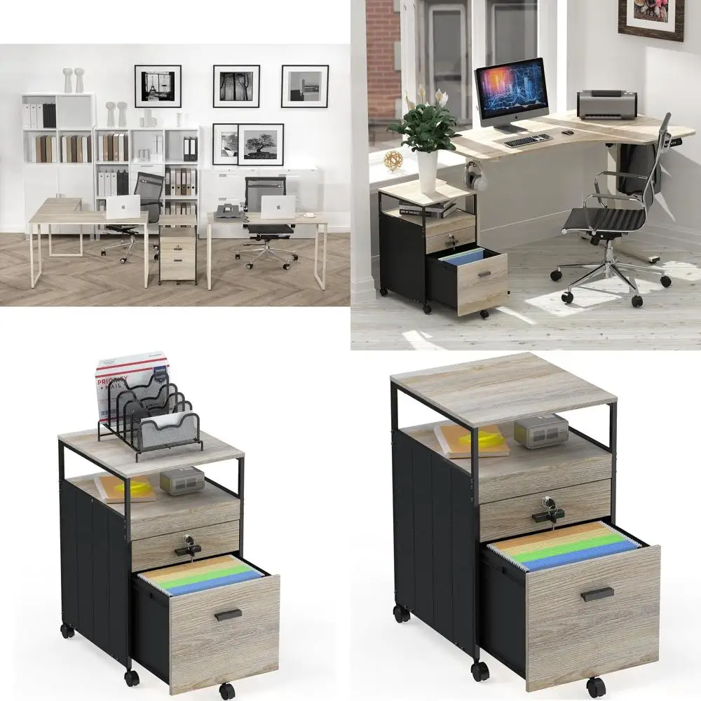 

Maple Rolling File Cabinet with Open Shelf and Secure Drawer