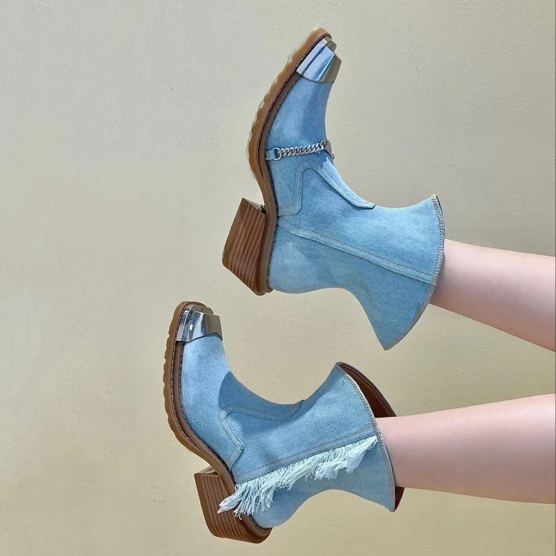 Denim Women\'s Boots Square Toe Retro Ladies Long Boots Luxury Square Heels Boots Original Victorian Leather Shoes Autumn 2023new