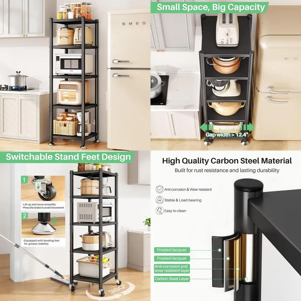 

Adjustable 5-Tier Metal Storage Rack with Wheels for Kitchen, Pantry, and Bedroom Organization