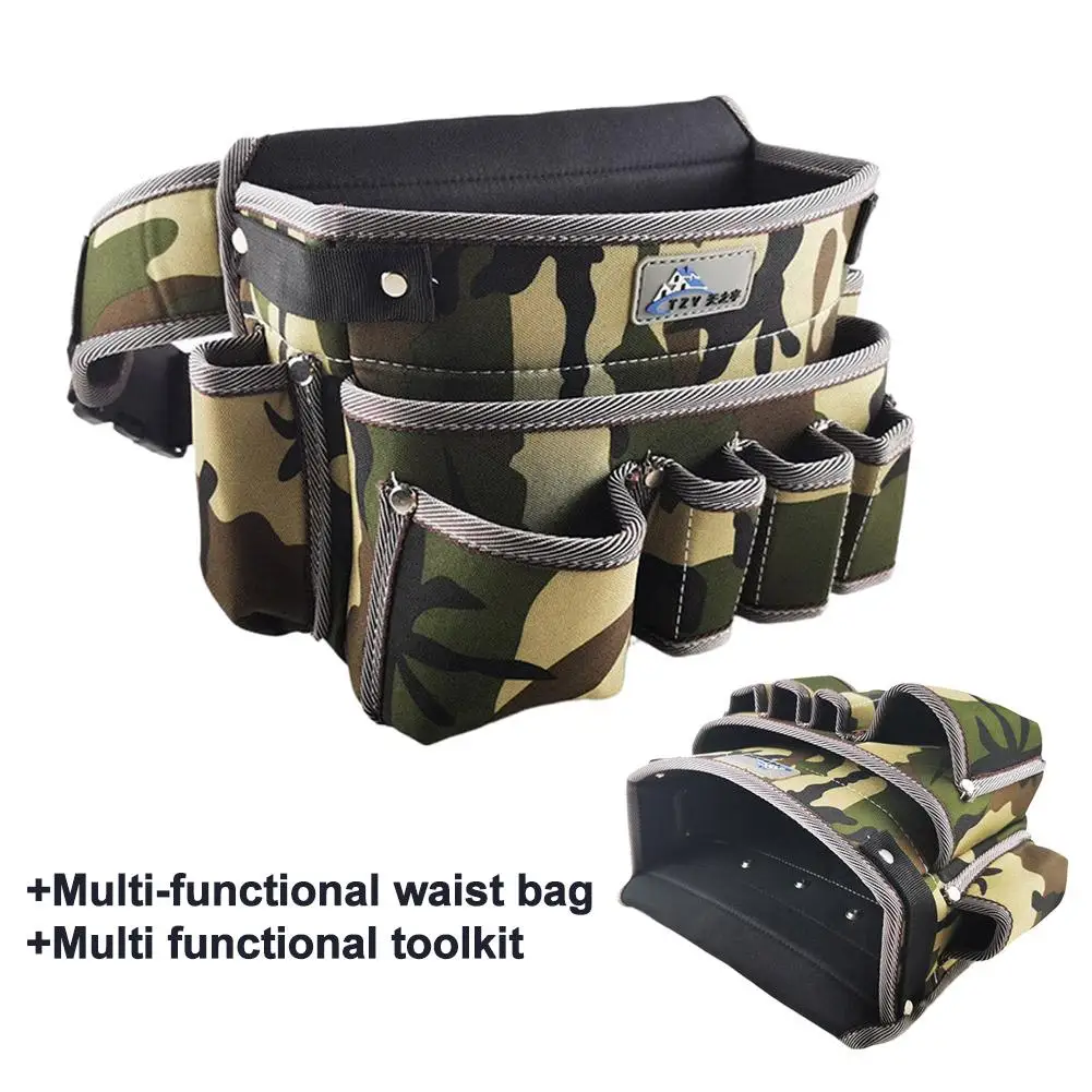 Multifunctional Oxford Cloth Waist Bag Wear-resistant Multiple Pockets with Adjustable Belt Electrician Hardware Tool Bag