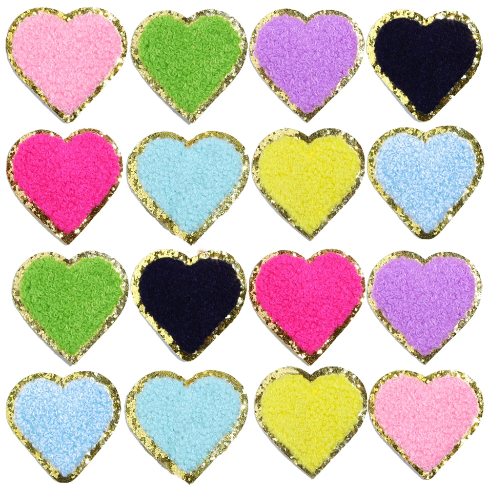 Colorful Love heart Towel Embroidered Cloth Stickers Double layer Gold Glitter Embroidery Patches For DIY Decorative Clothing