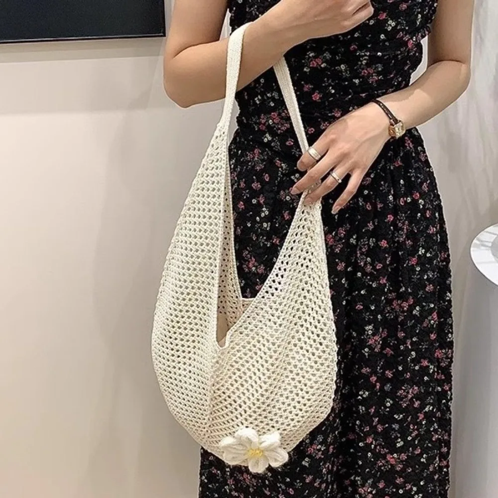 

Solid Color Knitting Shoulder Bag Large Capacity Hollow Out Bohemian Crochet Tote Bag Versatile Flower Casual Woven Handbag