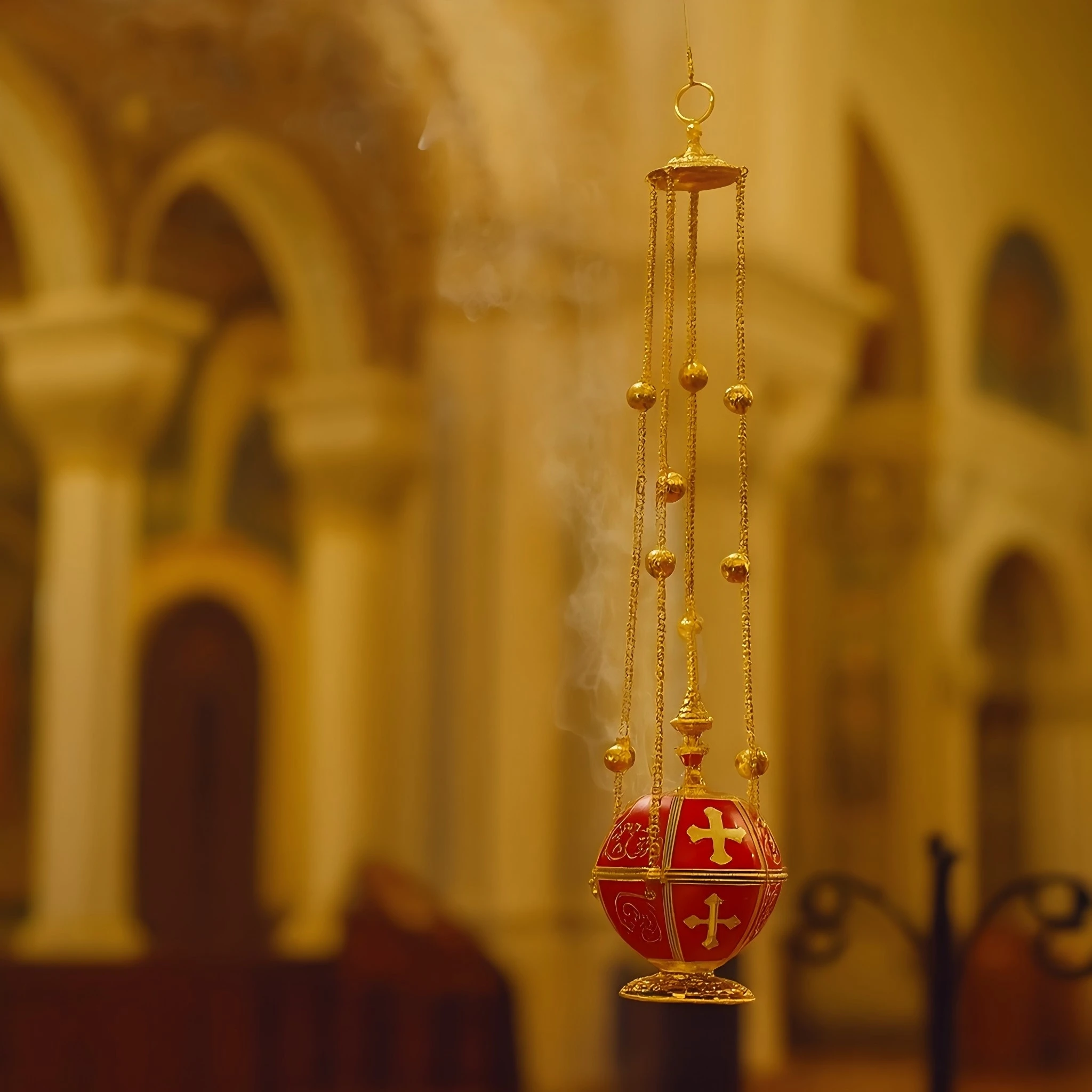 HTISOK Orthodoxes Kirchen-Weihrauchfass, hängendes Thurible, Kreuzdekoration mit Metallkette und Glocken, religiöse Utensilien, orthodoxes Weihrauchfass – Detail 6