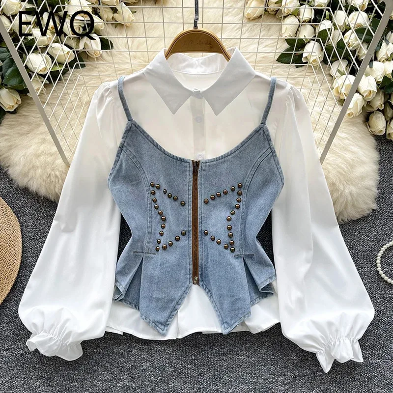 EWQ Y2K Style 2 Piece Shirts For Women Zipper Denim Vest＋Versatile Solid Lapel Collar Long Sleeve Shirt 2024 Autumn New 27X1226