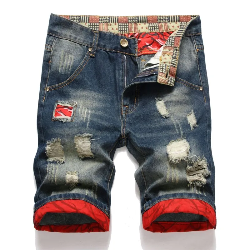 

Summer New Men Ripped Short Jeans Streetwear Big Hole Patch Fashion Casual Vintage Blue Slim Denim Shorts Brand Clothes