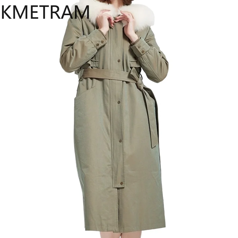 

KMETRAM Natural Rex Rabbit Fur Lining Fur Coats Woman 2025 Winter Long Green Woman Clothing Fox Fur Collar Outerwears ropa mujer
