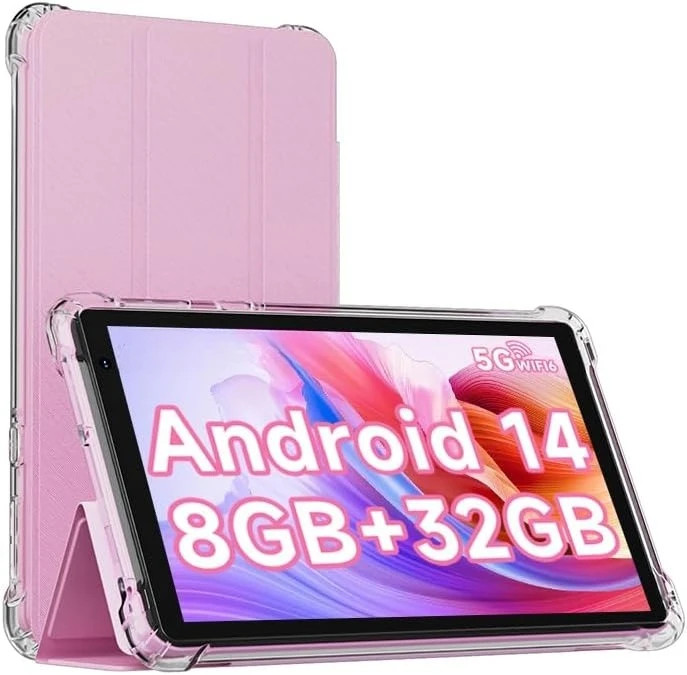 Android 14 Tablet with Case, 7 Inch 8GB RAM+32GB ROM/ 1TB Expandable Computer, 5MP Camera Tablets, 1.6Ghz Quad-core Processor, 3000mAH Battery Tablet PC, 5G WiFi, Games 7'' Android Laptop Pink