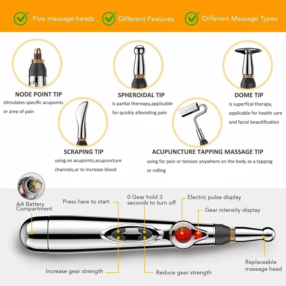 5 Heads Electronic Acupuncture Pen Smart Pulse Meridian Energy Massage Pen Pain Relief Therapy for Back Neck Face Beauty Roller