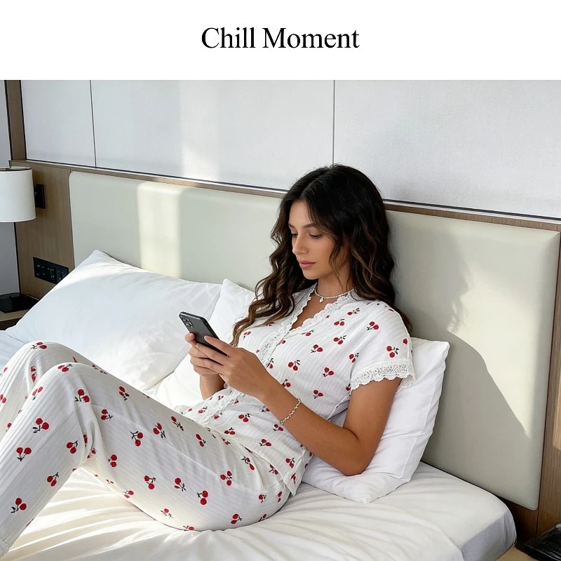 Water Soluble Embroidered Cherry Print Short Sleeved Pants Women's Pajamas Can Be Worn As Outerwear Home Wear Summer Outfit