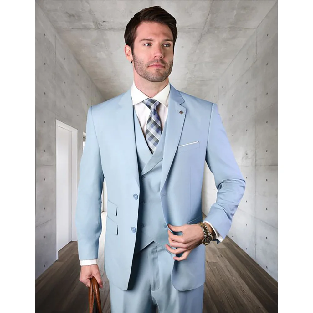 

Sky Blue Single Breasted Elegant Men Suits Notch Lapel Slim Fit Costume Homme Formal Party 3 Piece Jacket Pants Vets Full Set