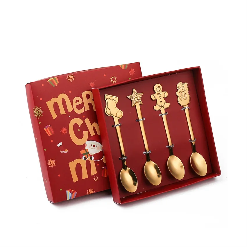 4Pcs Gold/Silver Christmas Coffee Spoons with Gift Box Stainless Steel Gingerbread Man Dessert Spoons Cutlery Spoon Xmas Gift