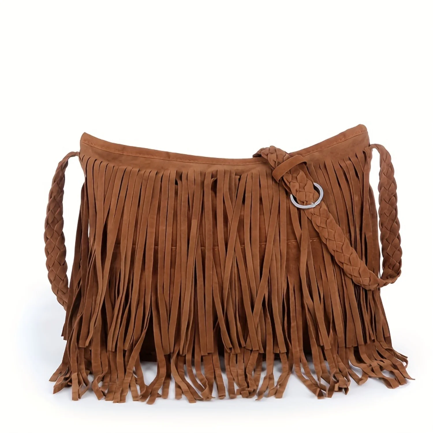 

Stylish Solid Color Shoulder Bag with Braided Strap, Zipper Closure - Retro Vintage Cowboy Style, Versatile Crossbody Option.