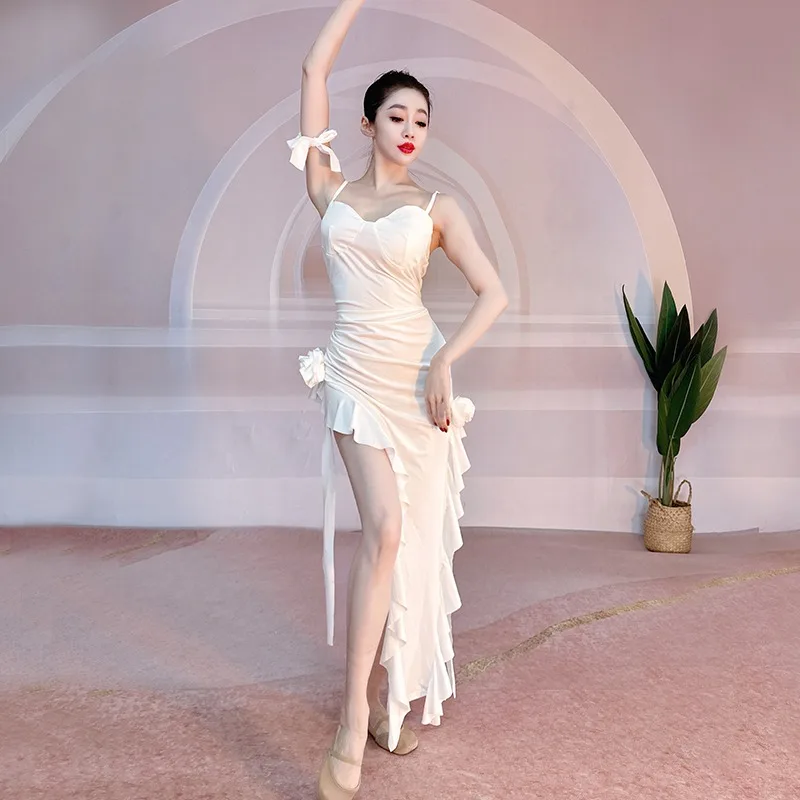 

customized Belly Dancewear Latin Oriental Dance Performance Dresses Black White Full-Length Attire with Heavy Embellishments