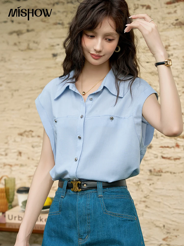 

MISHOW Polo Neck Sleeveless Shirts for Women 2024 Summer New Button Up Elegant Blouses Office Lady Temperament Tops MXD22C0206