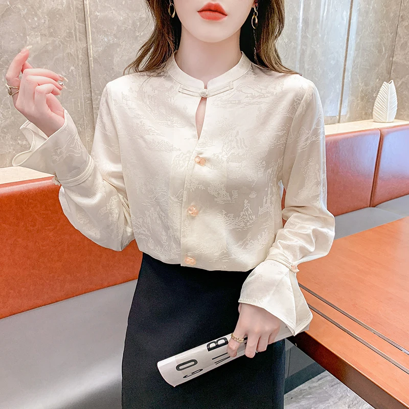 QOERLIN Chinese New Style Acetate Satin Shirts Women Spring Fall Quality Disc Button Jacquard Top Blouse Flare Long Sleeve Shirt