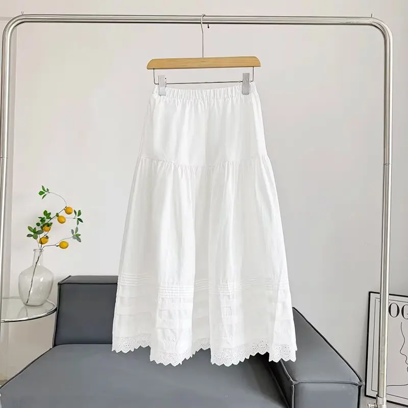Sweet Style White Lace Hem Half Skirt Women's High Waist Slim Elastic Waist A-Line Midi Skirt Spring Summer Fashion Ladies' P...