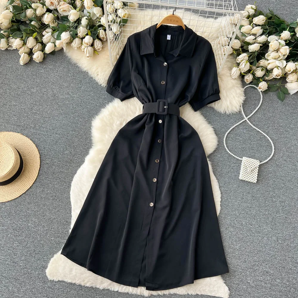 Summer Vintage Green/Blue/Red Turn-Down Collar Single Breasted Dress Casual Short Sleeve High Waist A-Line Midi Robe New Fashion