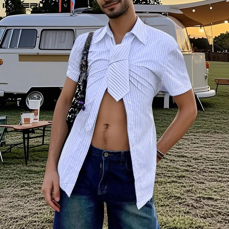 INCERUN hommes chemise rayée revers manches courtes cravate décontracté hommes vêtements chemises d'été Streetwear 2025 mode mâle hauts S-5XL
