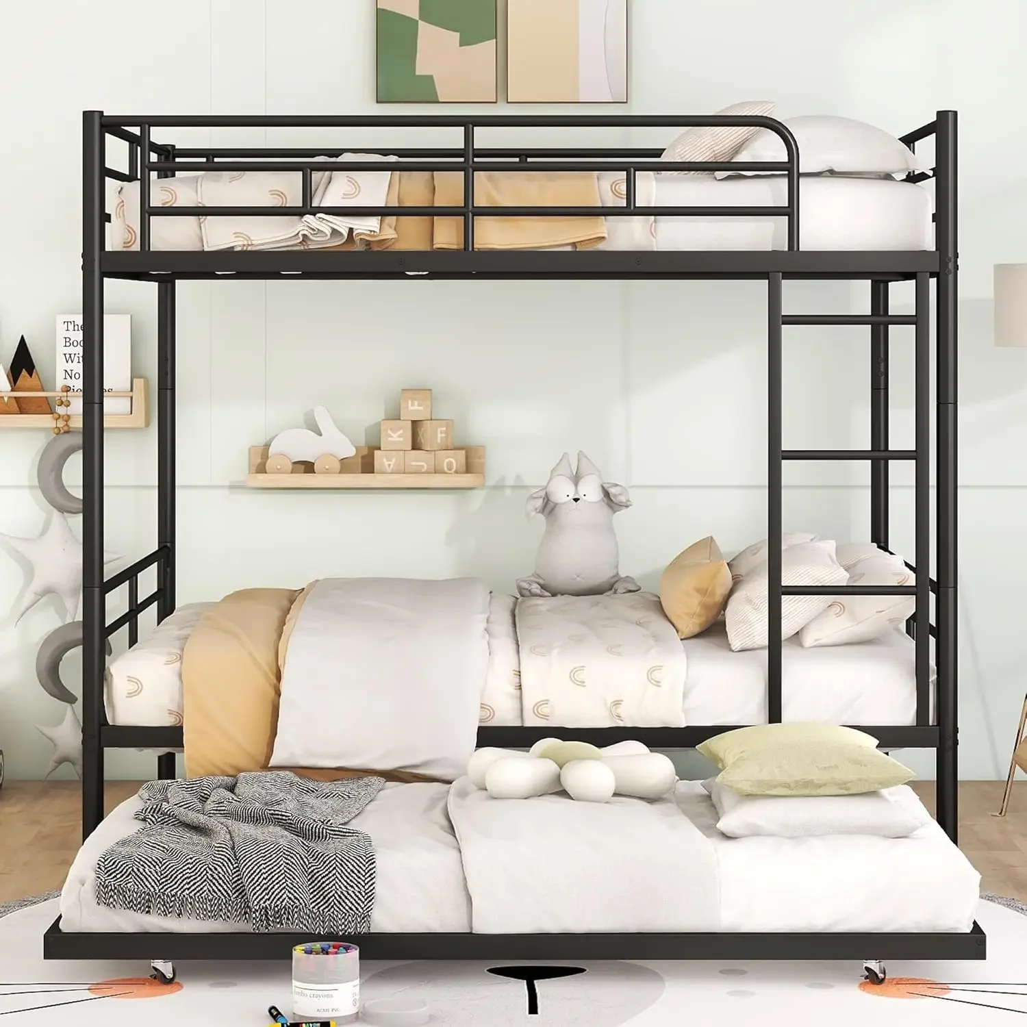 Full Metal Bunk Bed with Trundle, Full Size Bed Frame with Ladder and Full-Length Guardrail