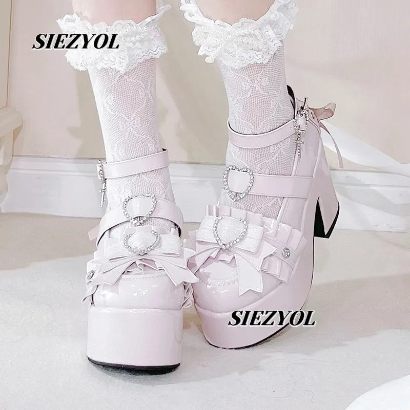 Original Platform Shoes Japanese Style Mass Production Bowknot Chunky Heels Cute Sweet Girls' Daily Lace-up High Heels Shoes