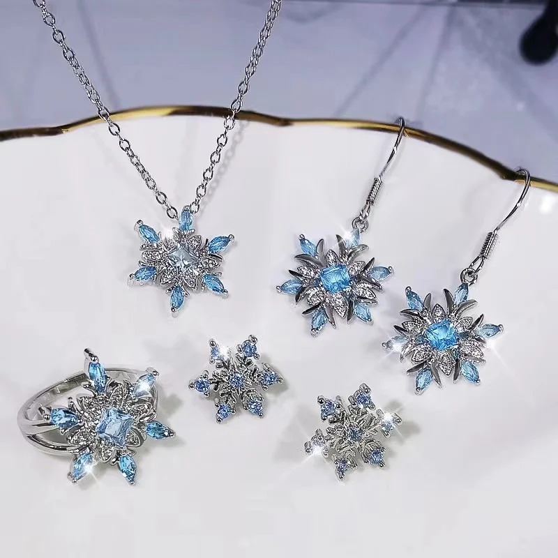 2026 New Earrings, Necklaces, Rings, Three Piece Set, Classic Snowflake Ring Shape, Blue Zircon Wedding Jewelry Set for Women
