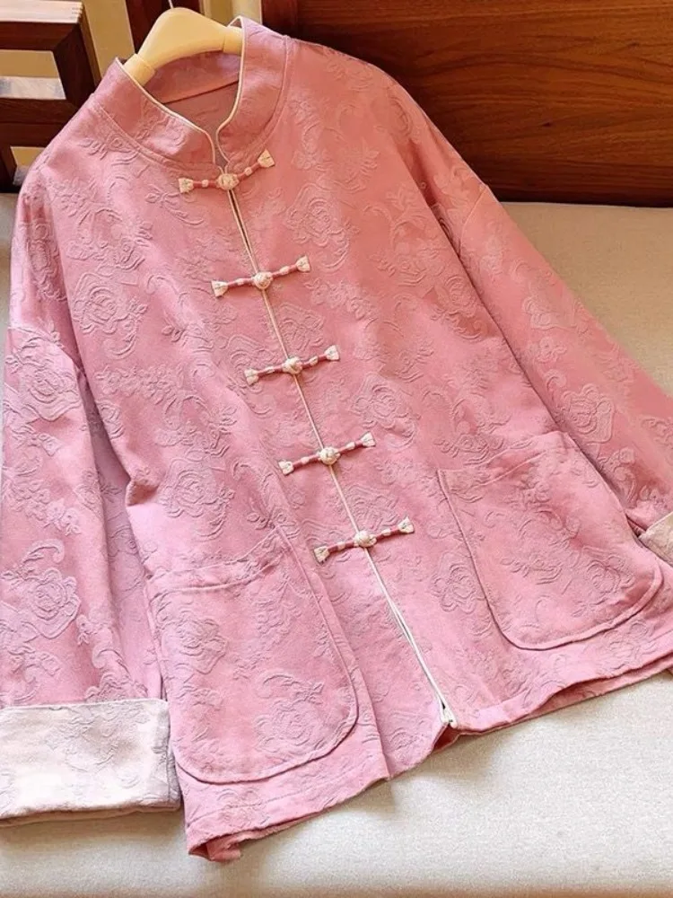 

Cotton Chinoiserie Sle Women's irt Jaet Floral Embroidery Large Size Buddha Sle Button up Tang Costume Hanfu Top