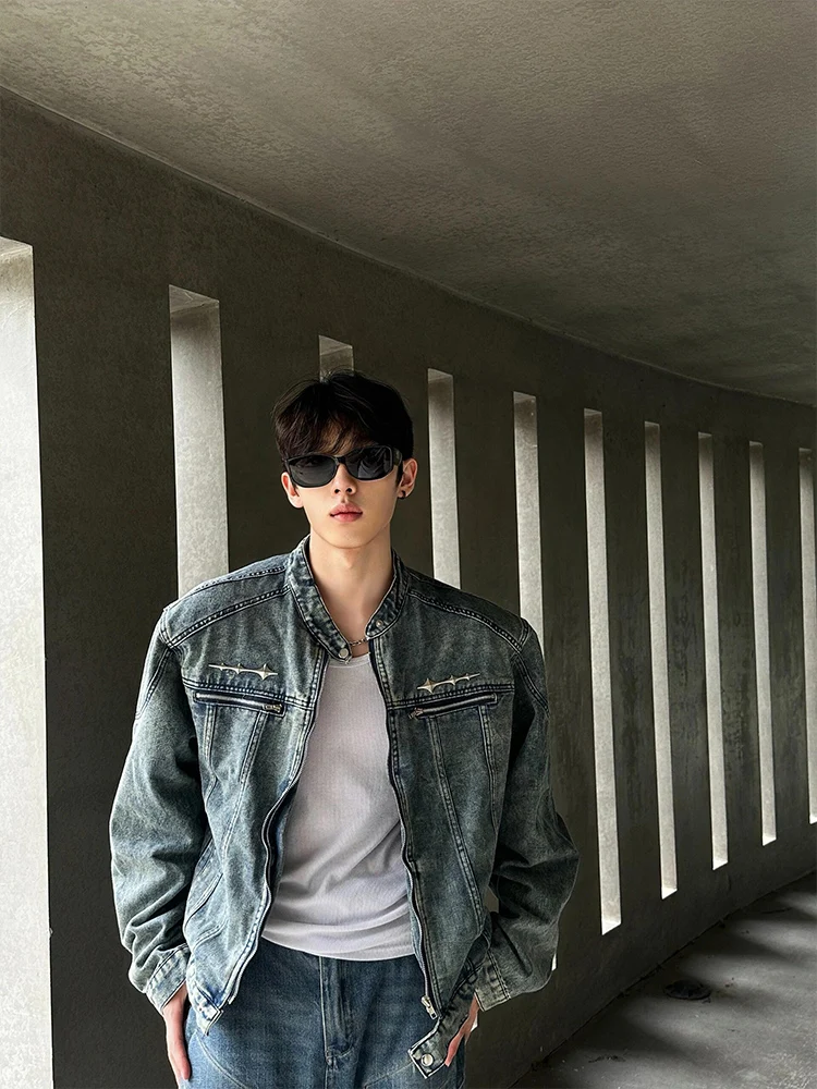 

Cleanfit Vintage oulder Pad Jaet Men's Spring Autumn ort Denim Outerwear Faionable Youth Stand Fit Metal Decor