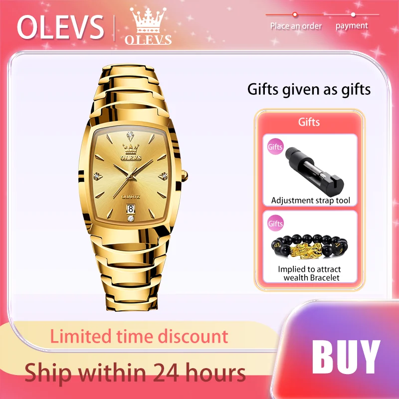 OLEVS Top Luxury Men's Watches Tonneau Gold Quartz Watch Waterproof Calendar Original Brand Watch for Men Tungsten Steel Strip