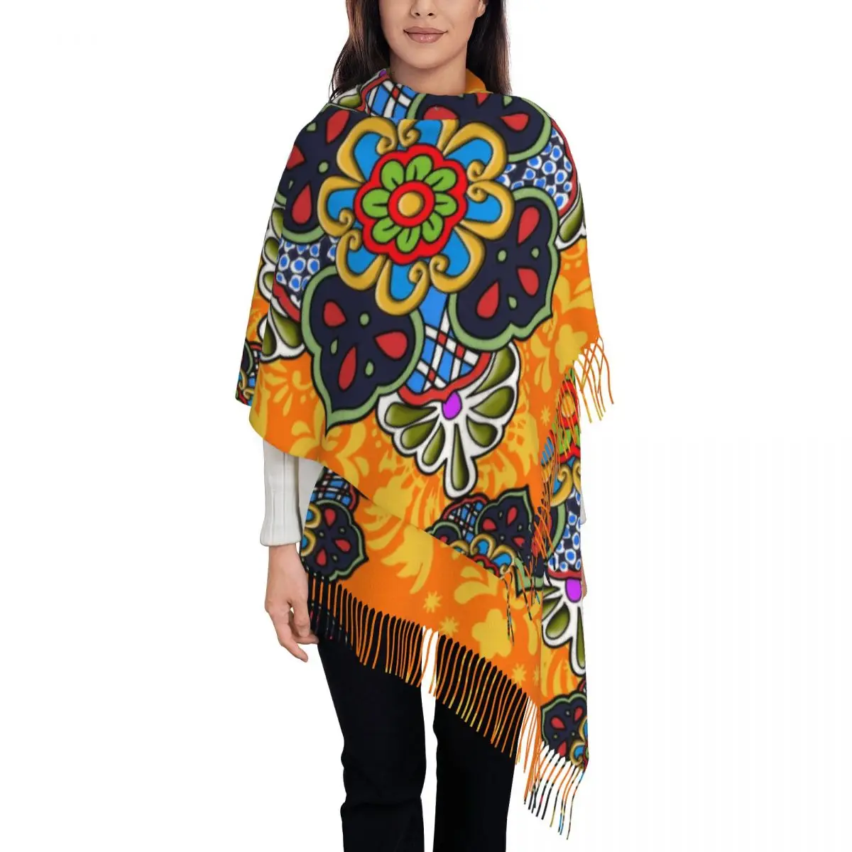 Custom Lady Large Mexican Talavera Flower Ceramic Tile Scarves Women Winter Thick Warm Tassel Shawl Wrap Scarf